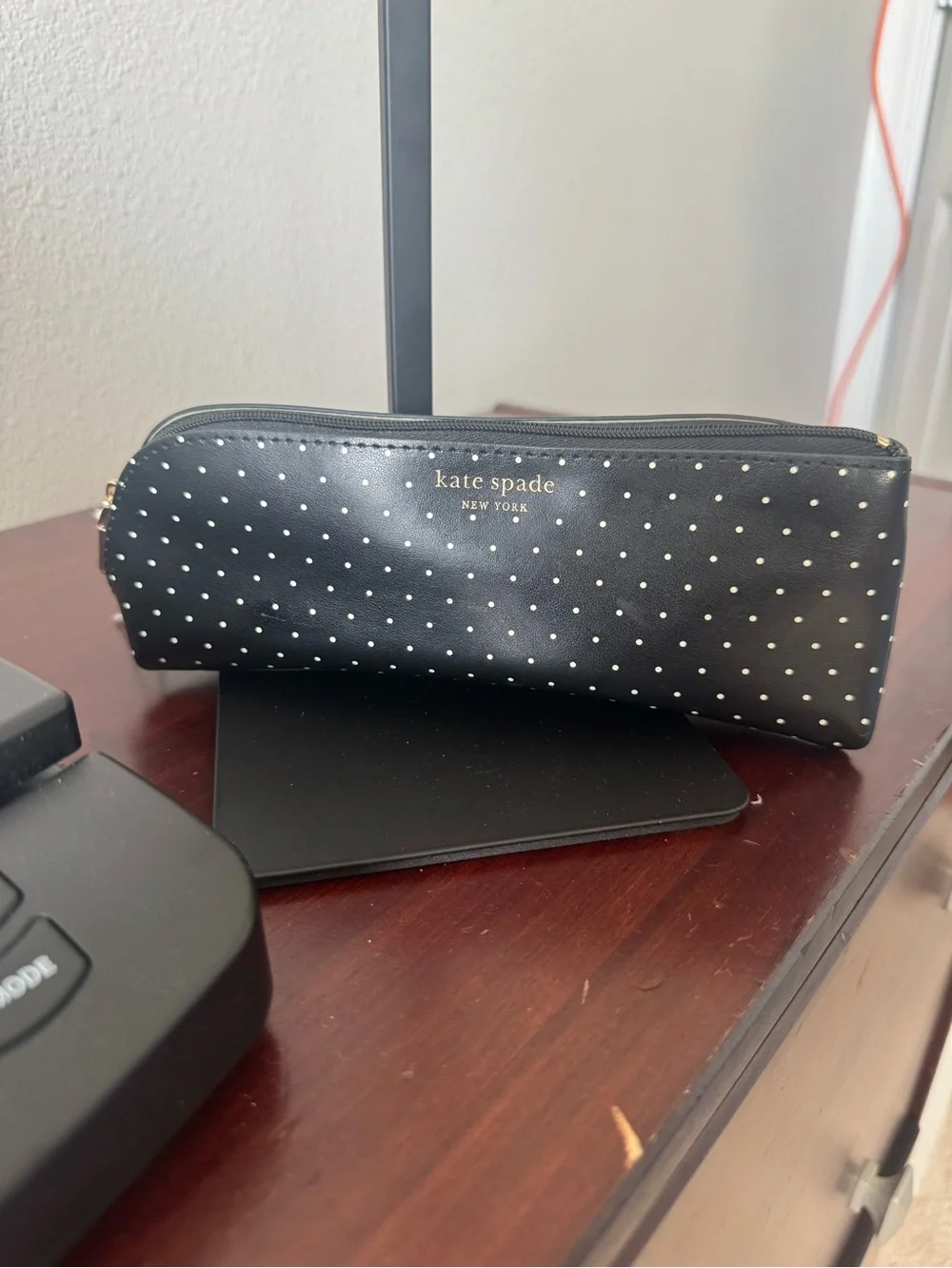 kate spade Black Polka Dot Cosmetic Pouch with Gold Logo